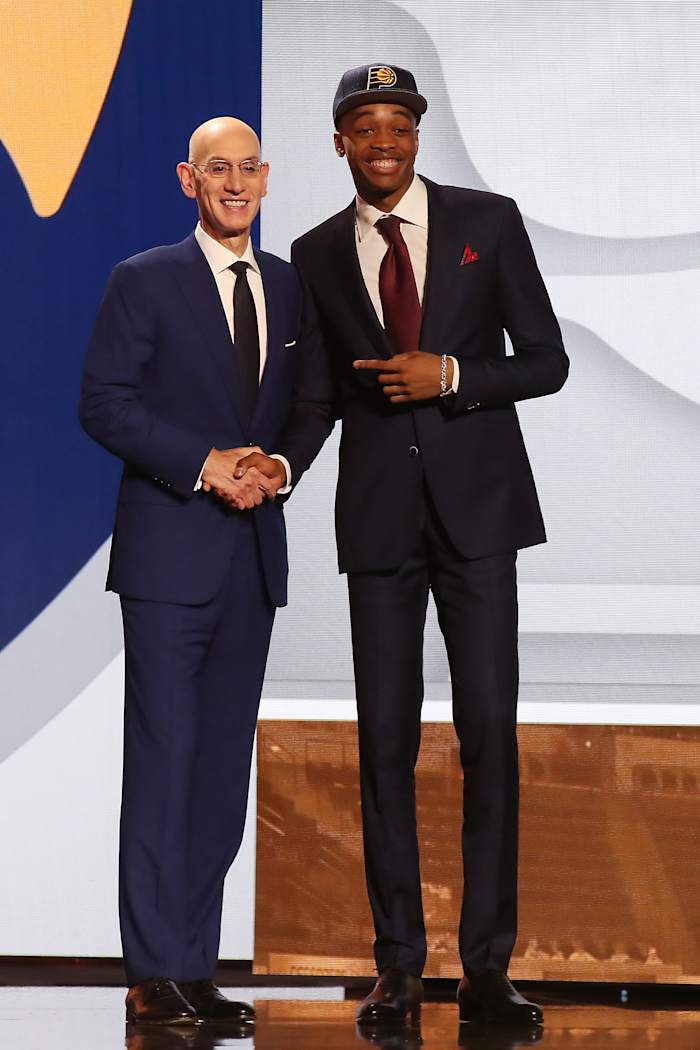 Bilal Coulibaly with NBA commissioner Adam Silver after being selected seventh by the Indiana Pacers in the first round of the 2023 NBA Draft at Barclays Arena.